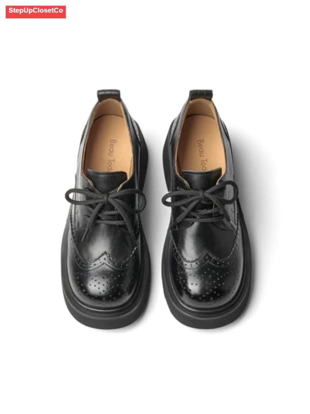 Women's Chunky Platform Oxfords, Genuine Leather Brogue Wingtip Lace-Up Dress